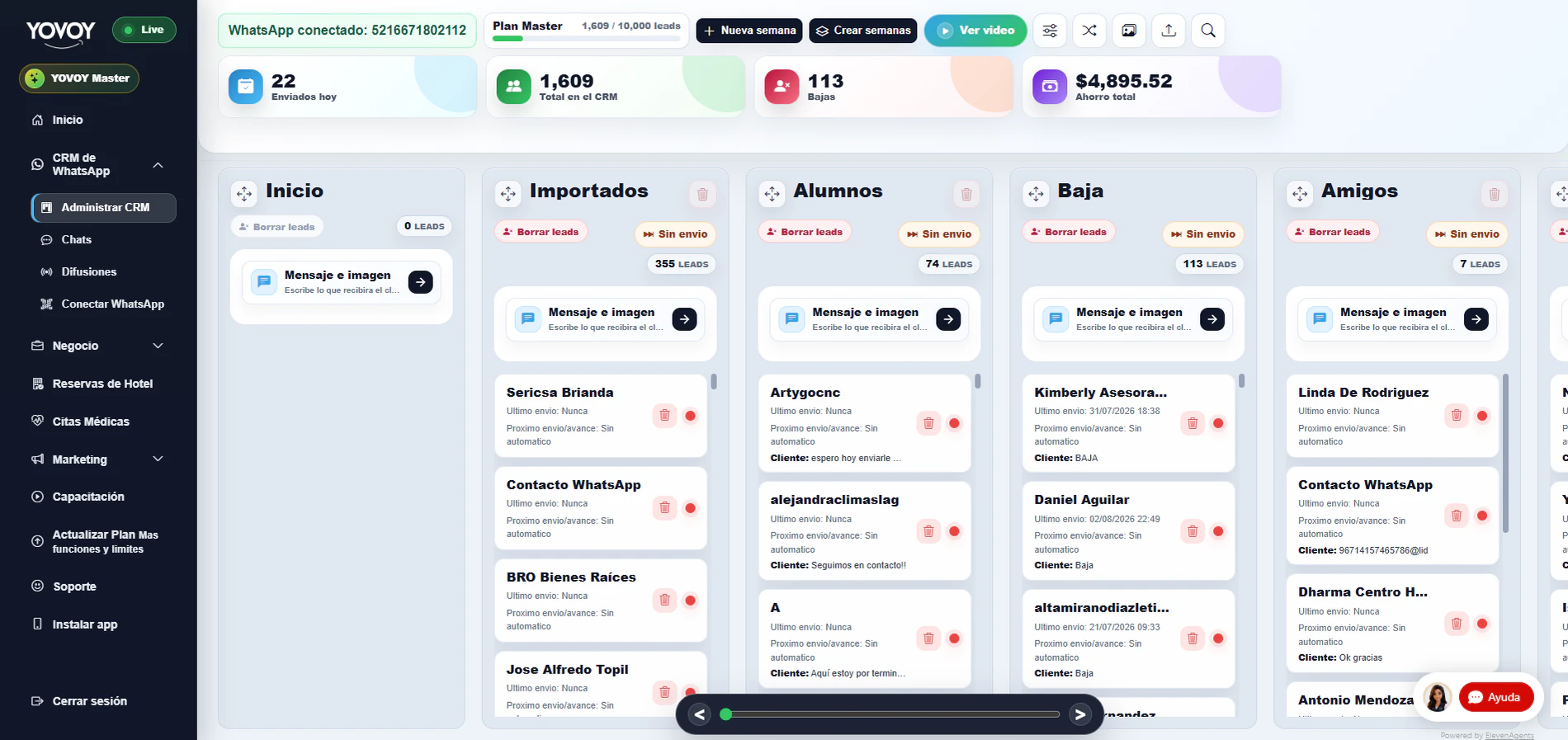 Panel CRM de WhatsApp YOVOY con contactos, etapas y métricas