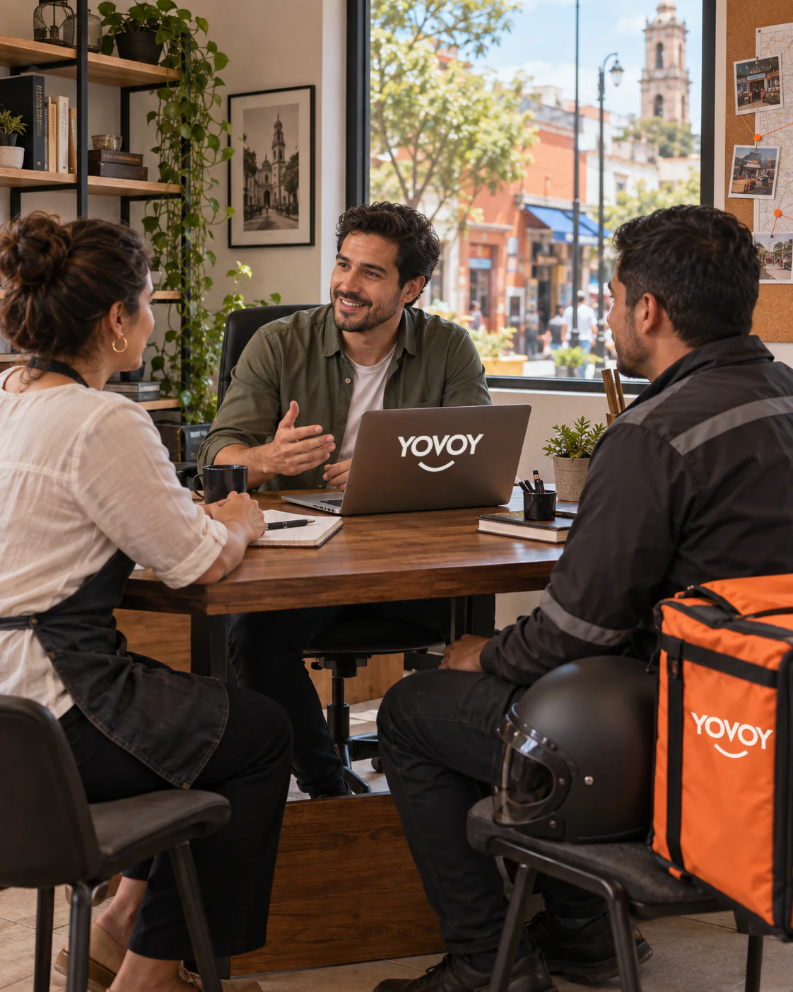 Representante YOVOY conversa con una dueña de negocio y un repartidor sobre una licencia local