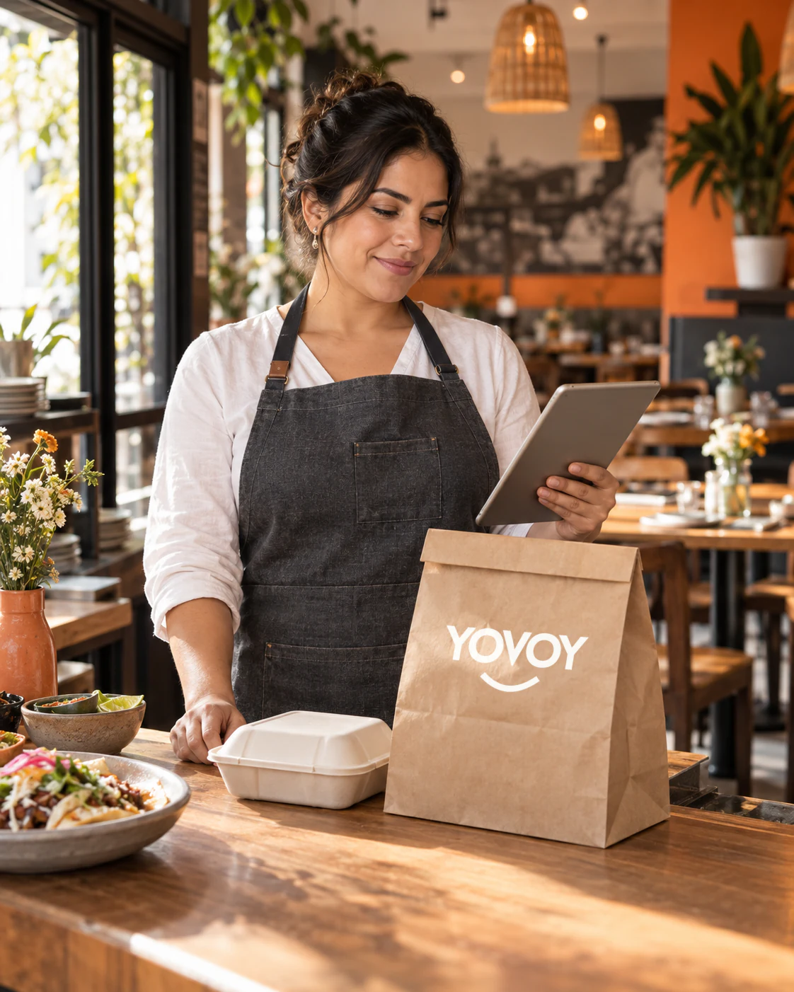 Dueña de restaurante prepara un pedido con una bolsa YOVOY