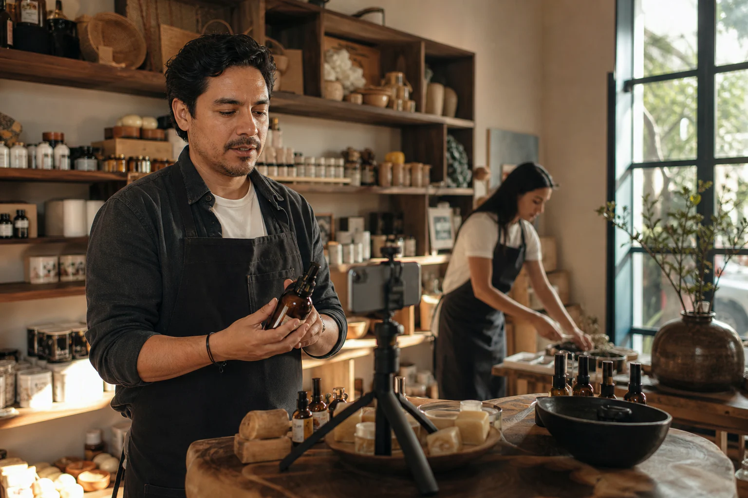 Dueño de un comercio graba contenido para promocionar sus productos