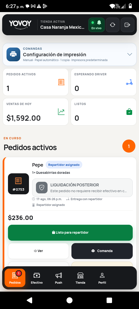 Pantalla oficial de YOVOY Negocio publicada en Google Play