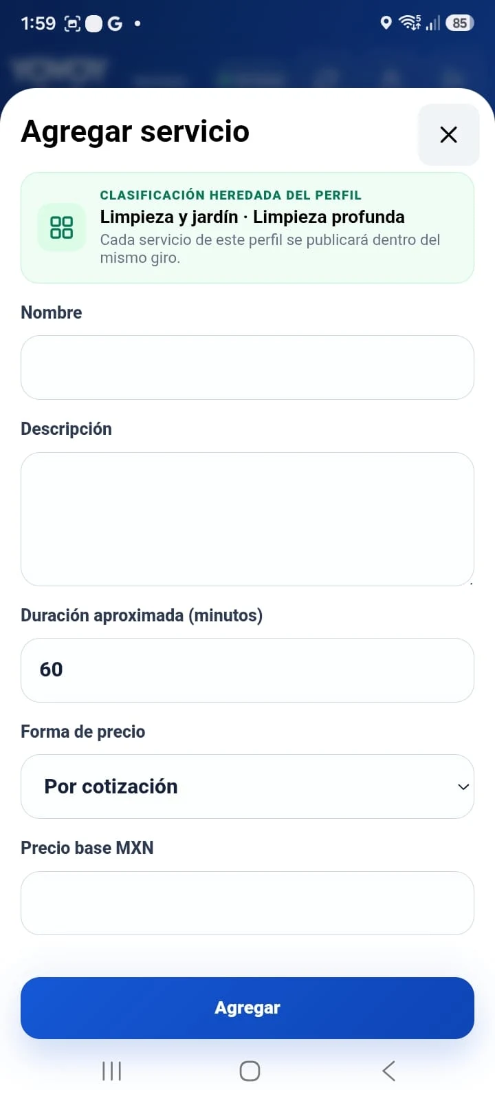 Pantalla oficial de YOVOY Servicios para agregar un servicio por cotización