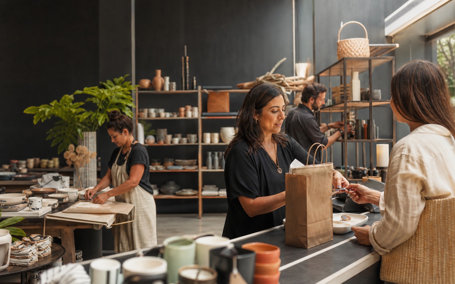 Emprendedora atiende una venta mientras su equipo prepara pedidos en una tienda