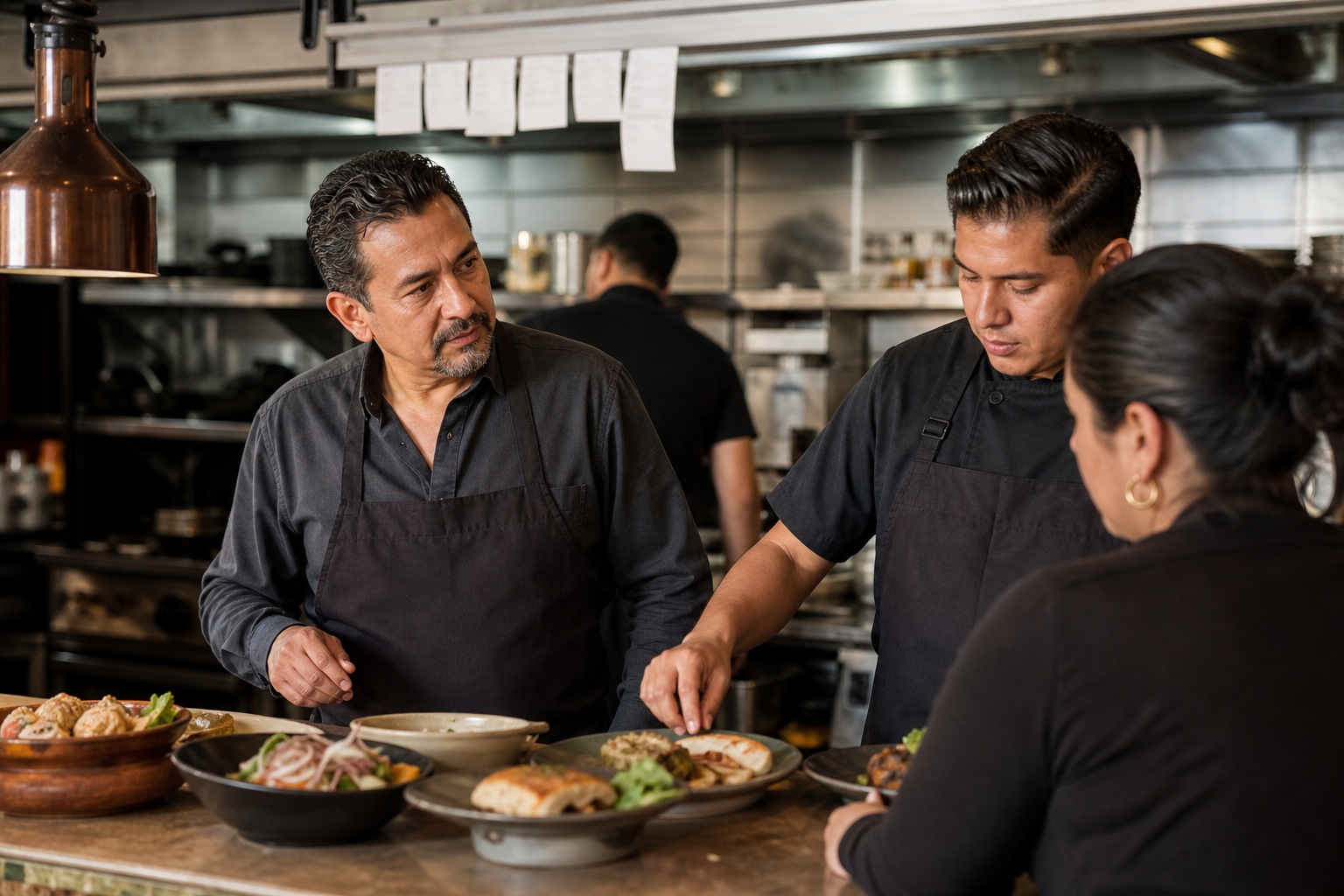 Propietario de un restaurante coordina la preparación de platillos con su equipo