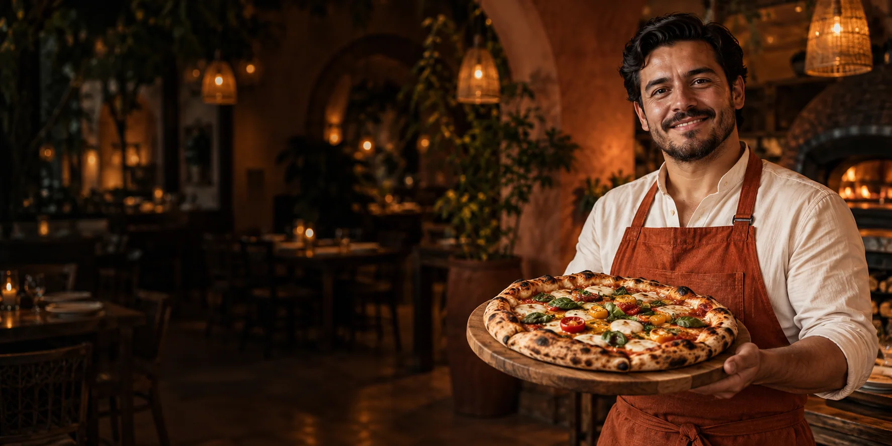 Dueño de un restaurante mostrando una pizza recién preparada