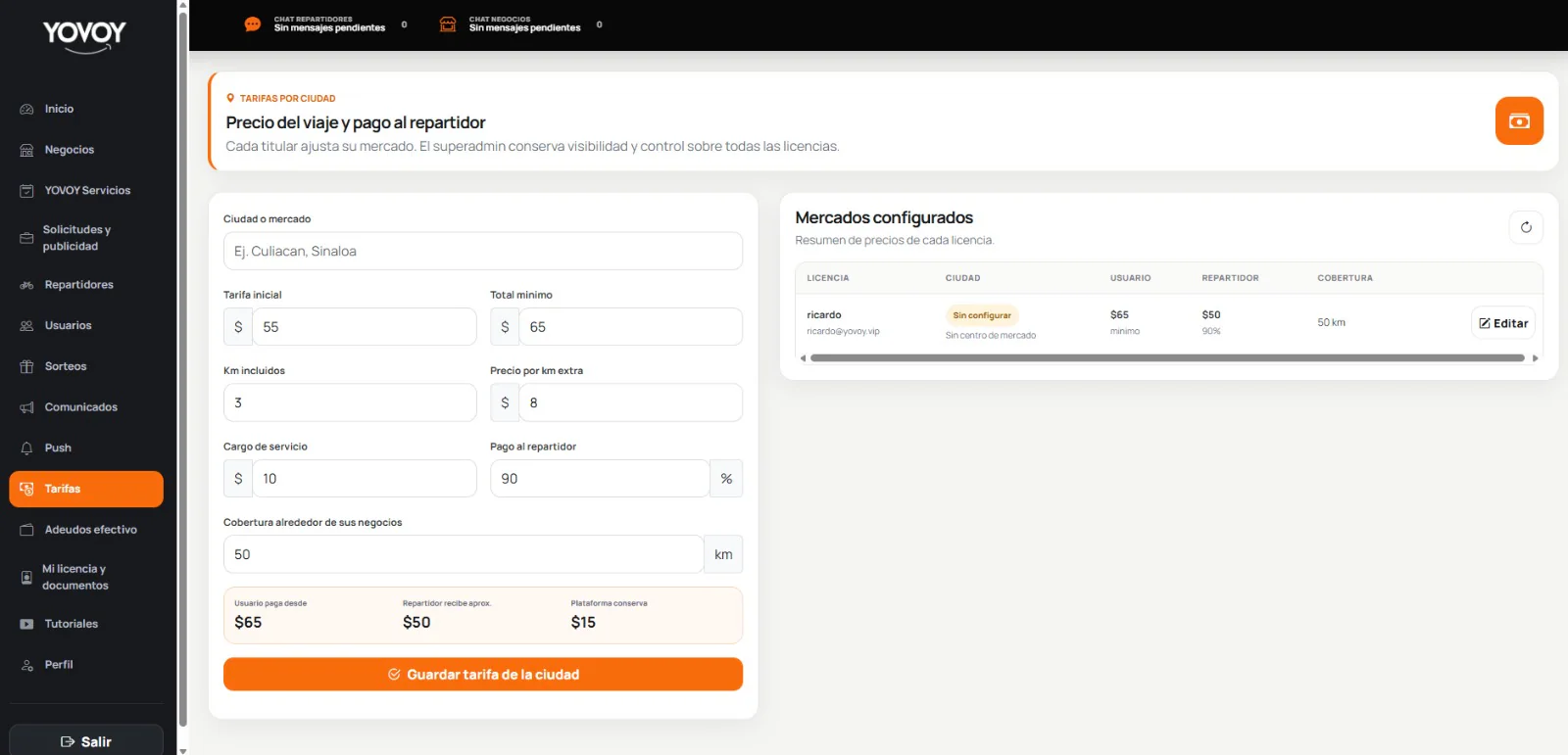 Panel real de YOVOY con configuración de tarifas y cobertura