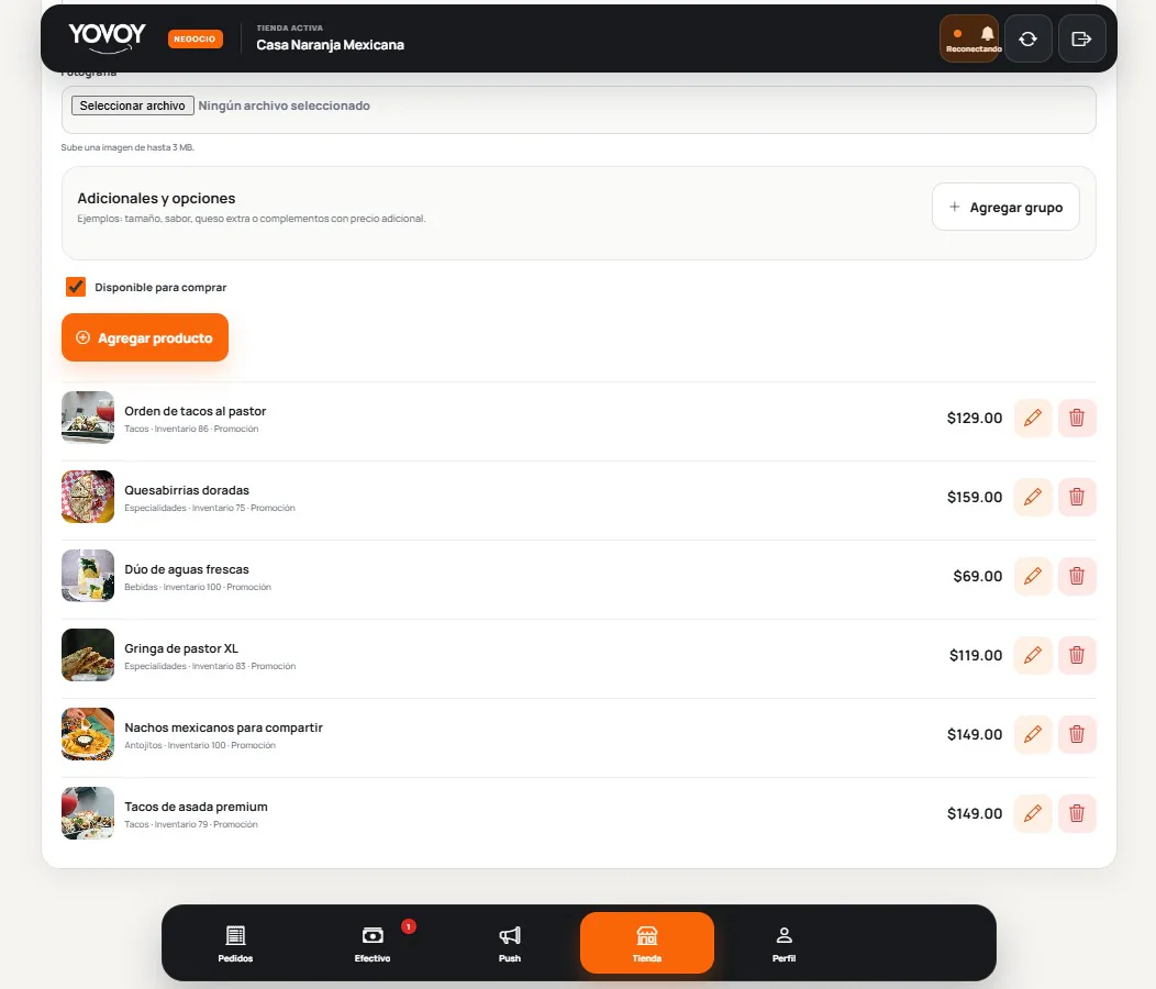 Productos publicados con controles de edición y administración.