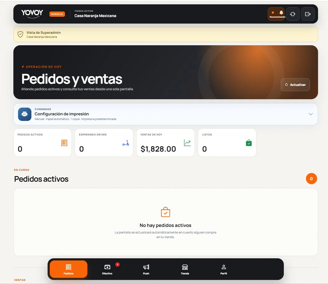 Pedidos activos, listos, ventas del día y asignación de reparto.