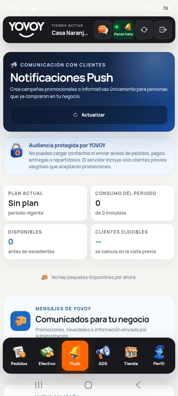 Pantalla actual de YOVOY Negocio para notificaciones promocionales a clientes