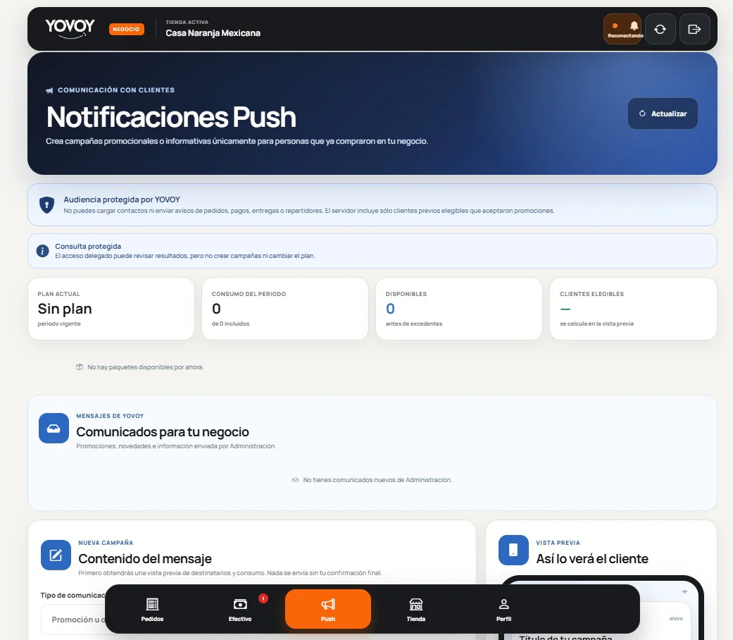 Configuración, audiencia, vista previa y estado de campañas.