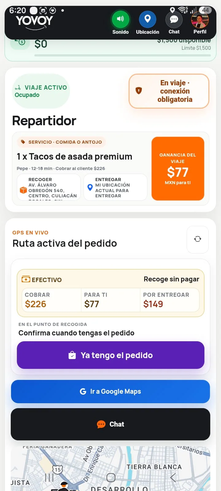 Pantalla real de viaje activo para el repartidor YOVOY