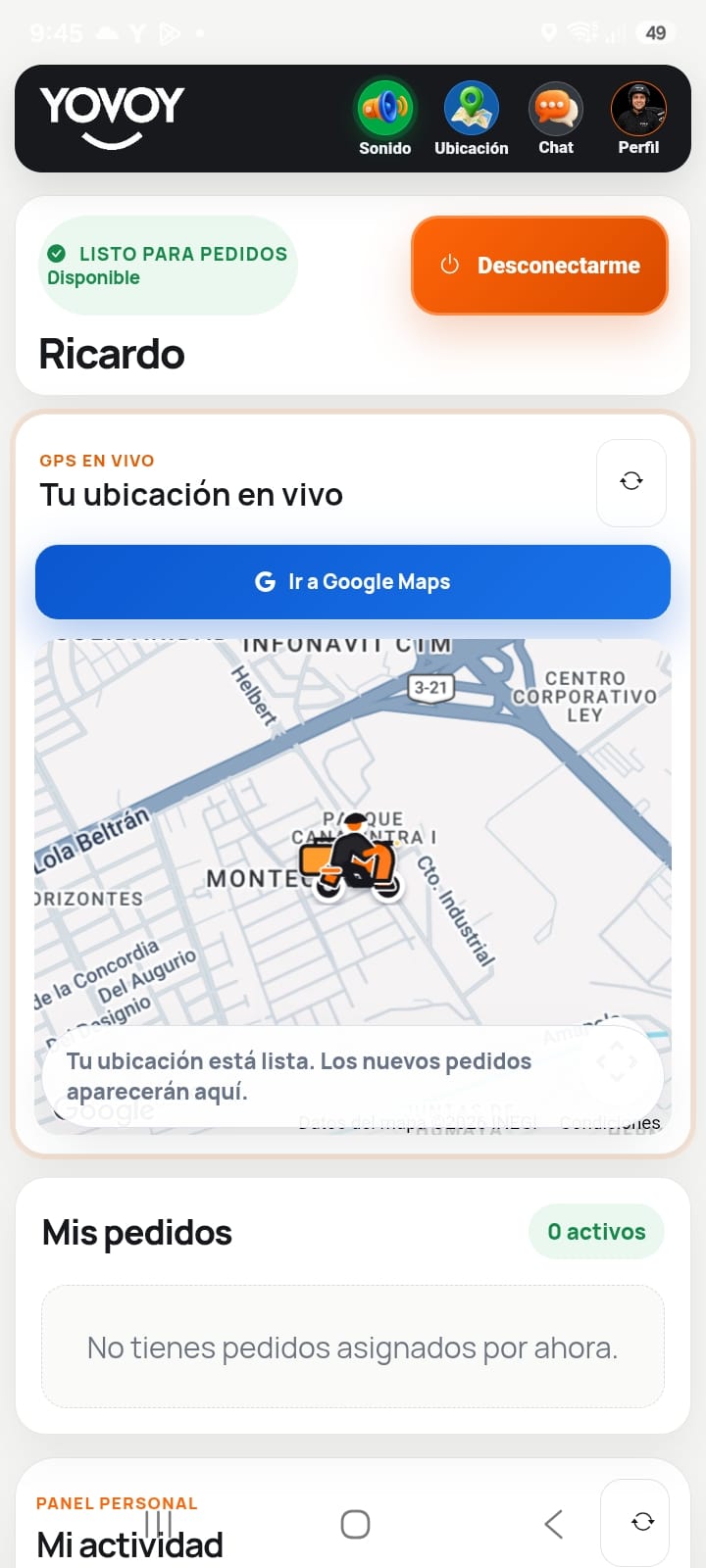 Pantalla actual de YOVOY Repartidor listo para pedidos y con ubicación en vivo