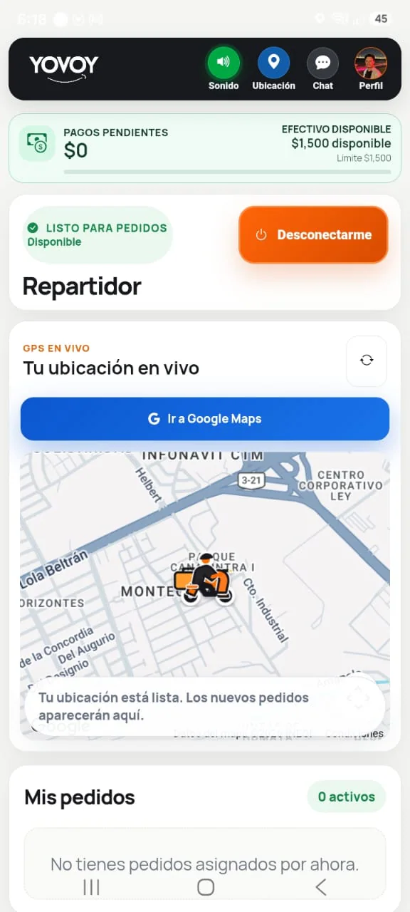 App YOVOY para repartidores con disponibilidad activa