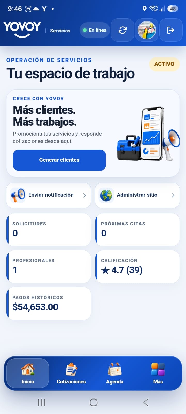 Panel actual de YOVOY Servicios con herramientas para prestadores de servicios