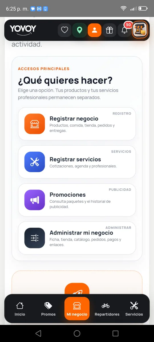 Pantalla de la app YOVOY con herramientas para negocios y prestadores de servicios