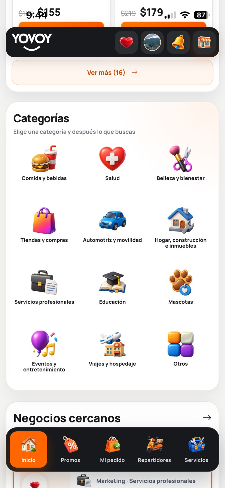 Categorías actuales de negocios y servicios en YOVOY User