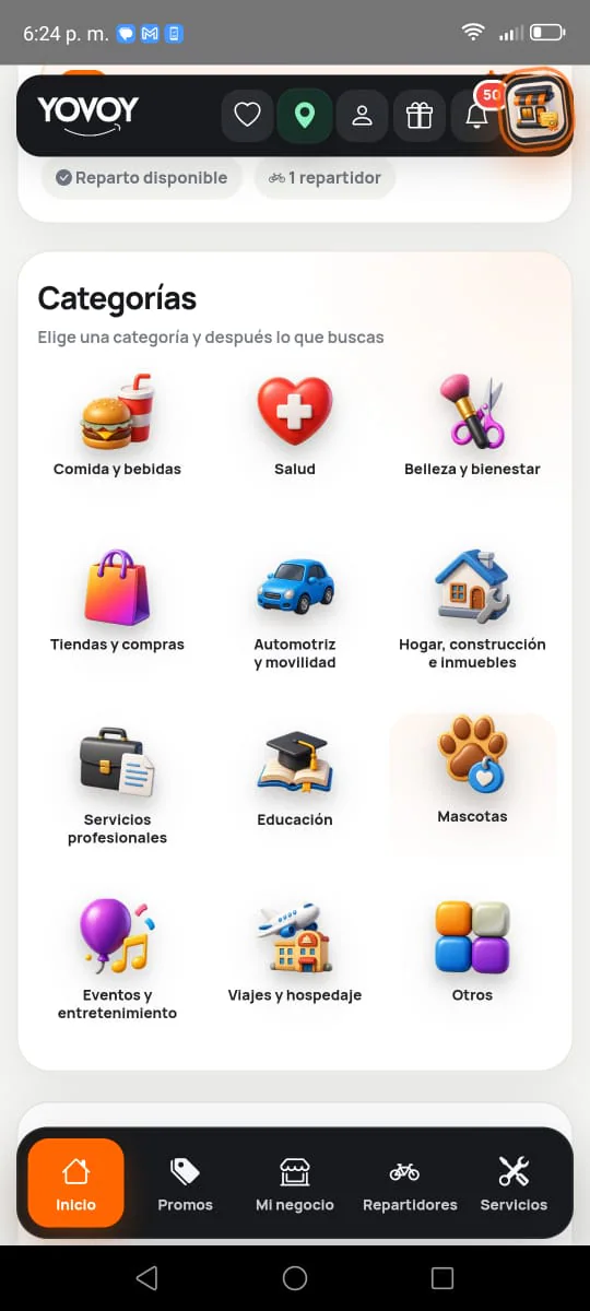 Categorías de negocios y servicios en la app YOVOY