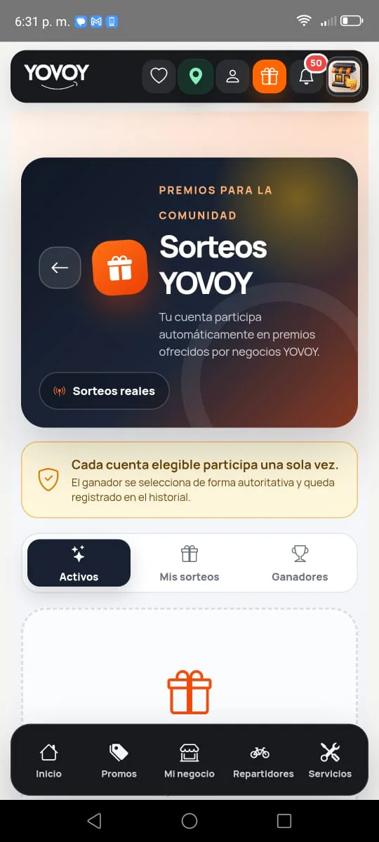 Sorteos para activar clientes en la aplicación móvil YOVOY