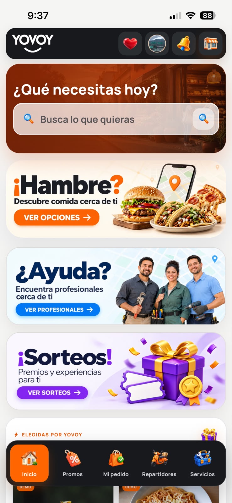 Pantalla inicial de YOVOY User para descubrir negocios y servicios