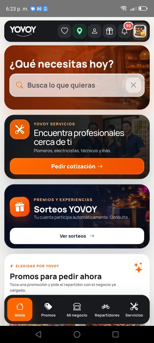 Inicio de la app YOVOY con buscador, servicios y promociones