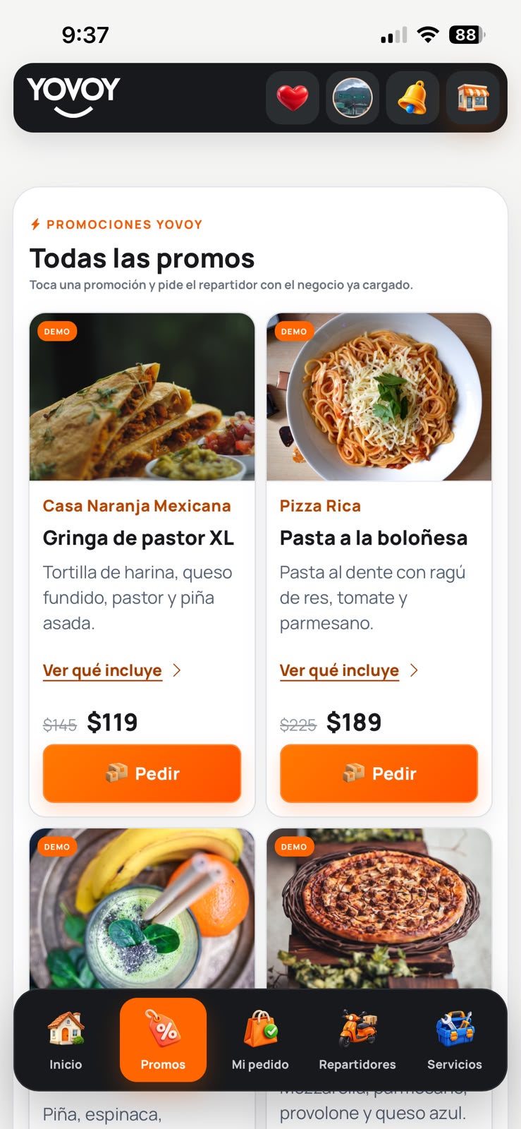 Pantalla real de YOVOY con productos de negocios locales