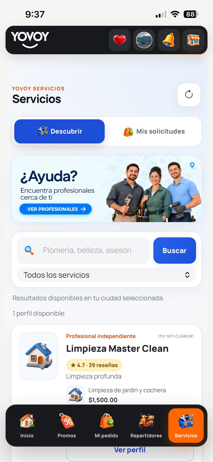 Pantalla de la app YOVOY donde clientes exploran servicios profesionales