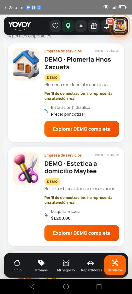 Pantalla de la app YOVOY donde clientes exploran servicios profesionales